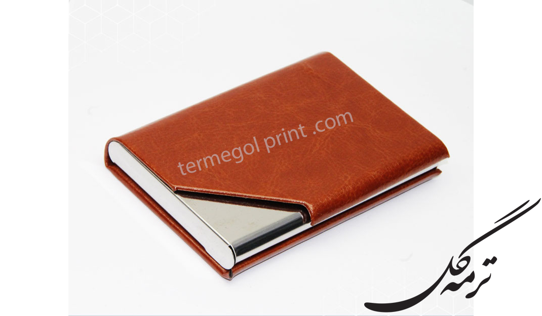 جا کارتی چرم گوشه مثلث عسلی با فلز استیل کد1963/DO